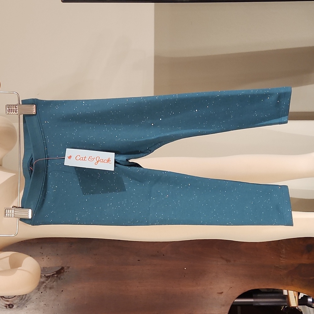 GIRLS NEW CAT & JACK TEAL STRETCH LEGGINS WITH SPARKLES SIZE 2T. CLEARANCE